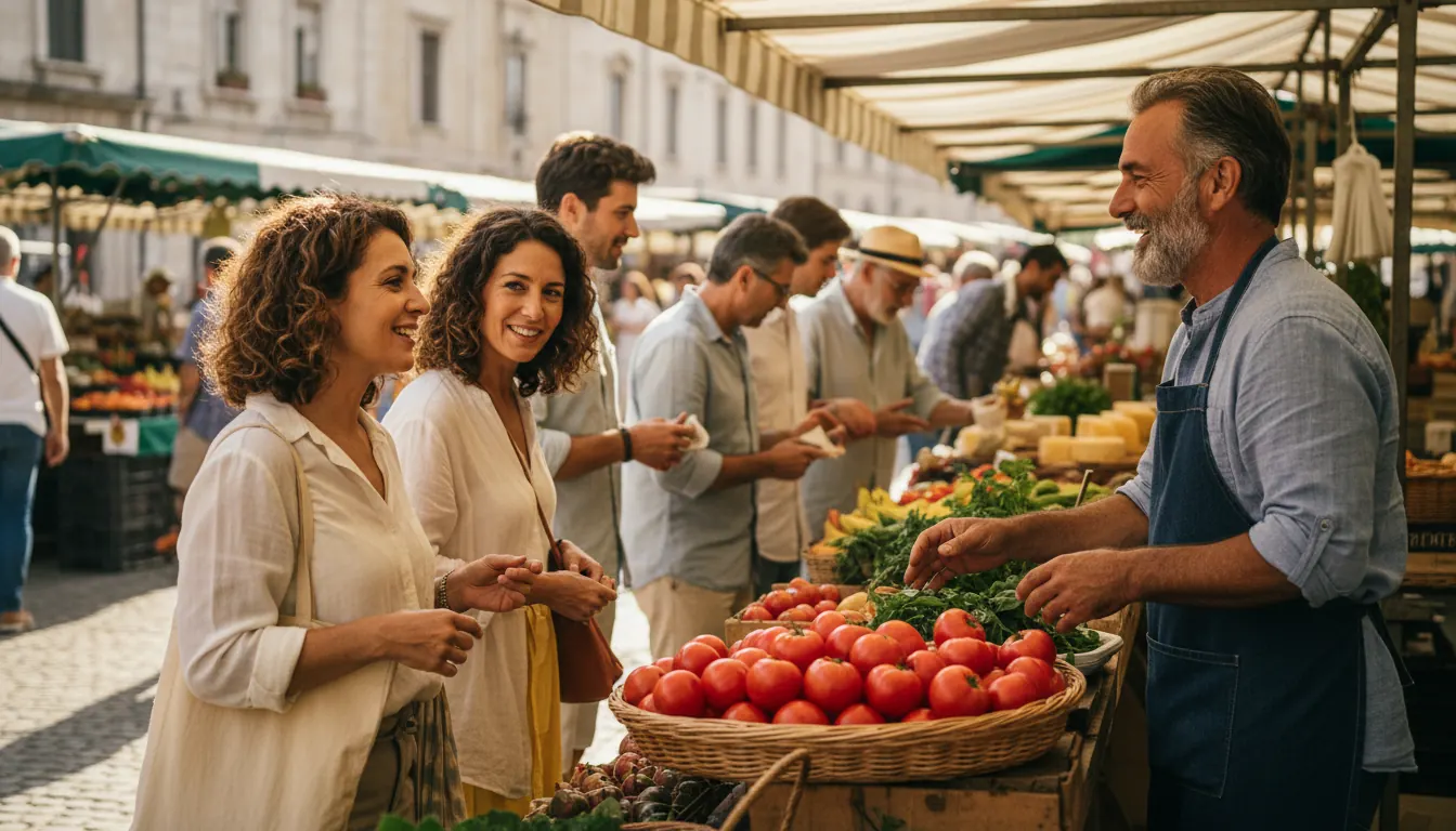 Clients comprant i conversant amb paradistes al mercat