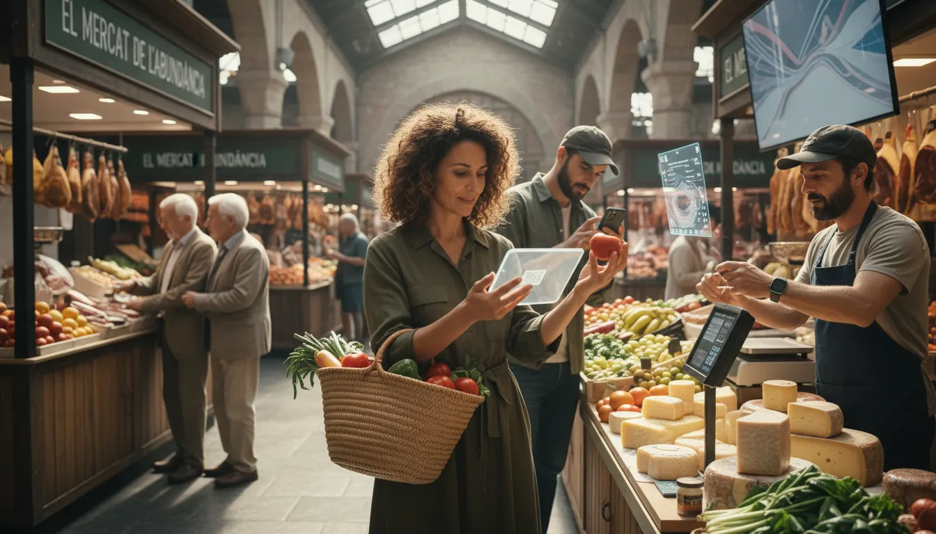Clients al Mercat de Sant Gervasi combinant compra tradicional i tecnologia digital