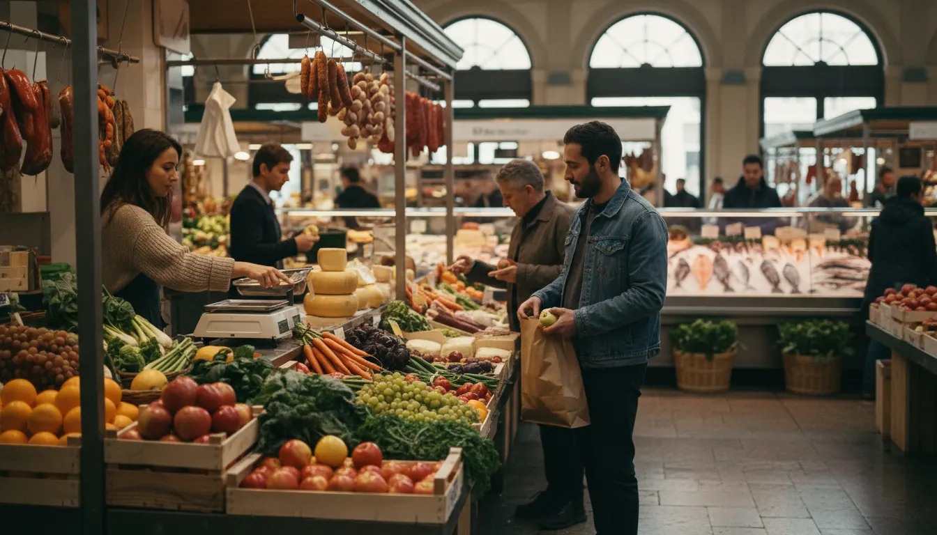 Interior del mercat amb diverses parades de productes frescos